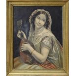 Goldene Profilleiste mit Lithographie "Italienerin mit Mandoline" von Josephine Ducollet (act.