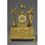 Französische Pendule "Allegorie auf die Astronomie", feuervergoldete Bronze mit Emaille Zifferblatt,