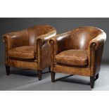 Paar Leder Sessel im Art Deco Stil mit halbrunder Lehne, H. 82/50cmPair of English leather salon