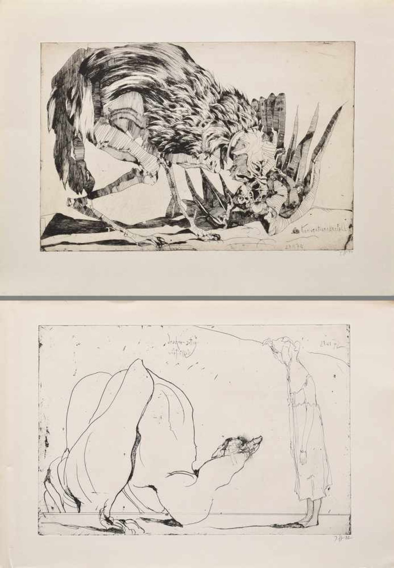 2 Diverse Janssen, Horst (1929-1995) "Fantasietiere" Radierungen, Griffelkunst, BM 42x56cm/
