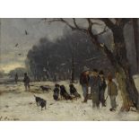 Lanckow, Ludwig (1845-1908) "Treiber mit Hunden in winterlicher Landschaft", Öl/Holz, u.l. sign.,