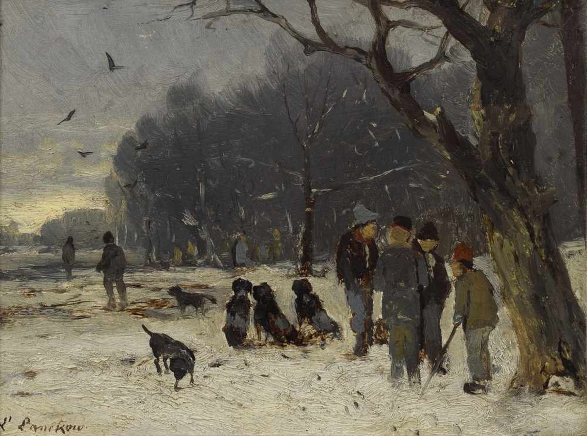 Lanckow, Ludwig (1845-1908) "Treiber mit Hunden in winterlicher Landschaft", Öl/Holz, u.l. sign.,