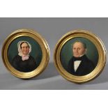 Paar kleine Biedermeier Portrait-Tondi "Herr und Dame", Öl/Malpappe doubliert, Ø 19cmPair of small