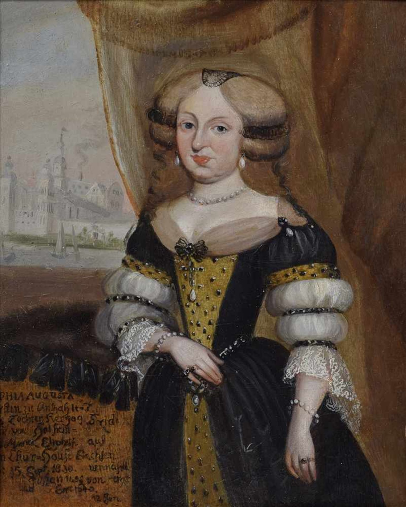 Portrait "Sophie Auguste von Anhalt-Zerbst (1630-1680) vor Ausblick auf Schloss Gottorf (?)", r.u.