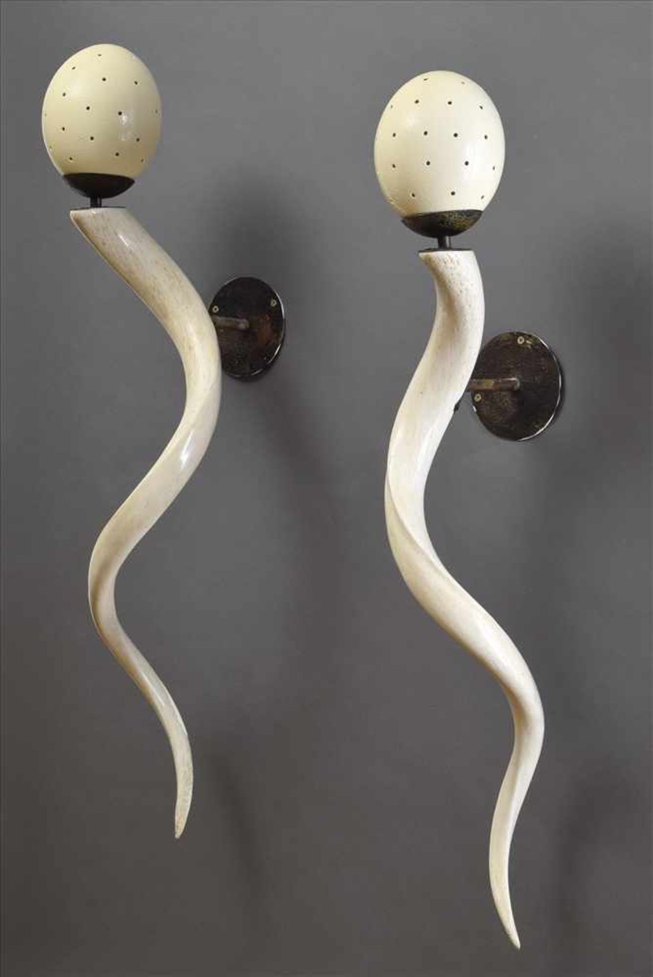 Paar moderne Wandlampen aus geschälten weißen Kuduhörnern und Straußeneiern, H. ca. 88cmPair of - Bild 2 aus 3