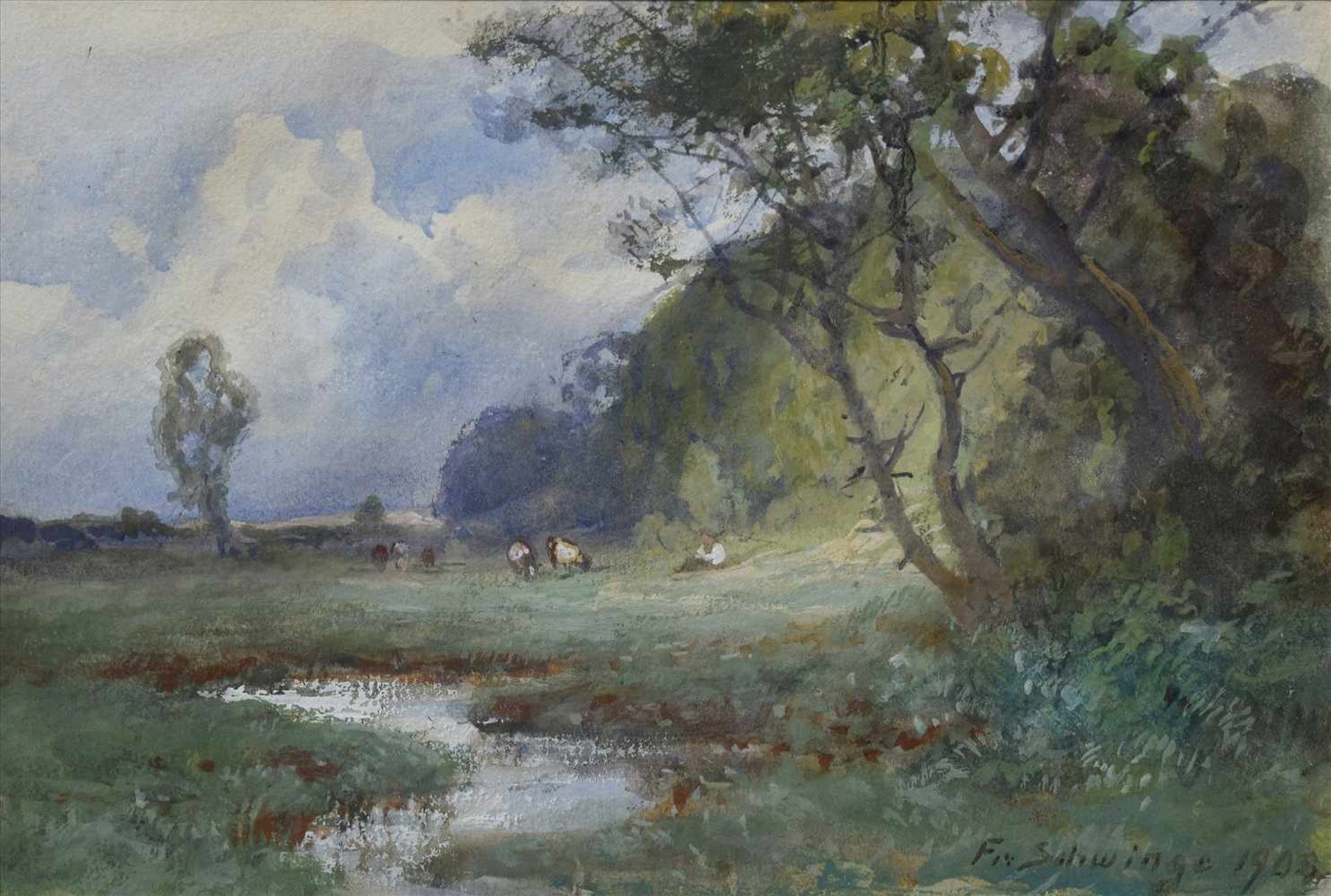 Schwinge, Friedrich (1852-1913) "Wiesenlandschaft" 1908, Gouache, u.r. sign./dat., 14x21cm (m.R.