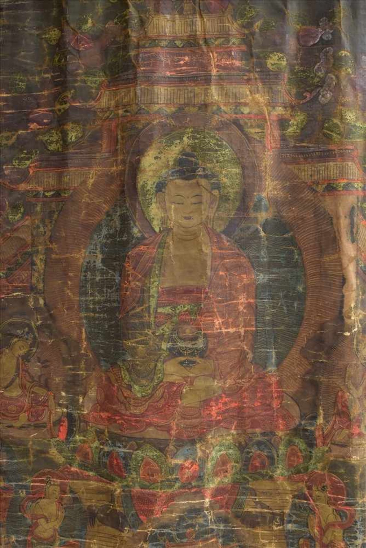 Thangka "Amitaba/Bodhi Sattwa", Tibet Ende 18.Jh., 60x40cm (125x63cm), diverse DefekteTangka " - Bild 3 aus 7