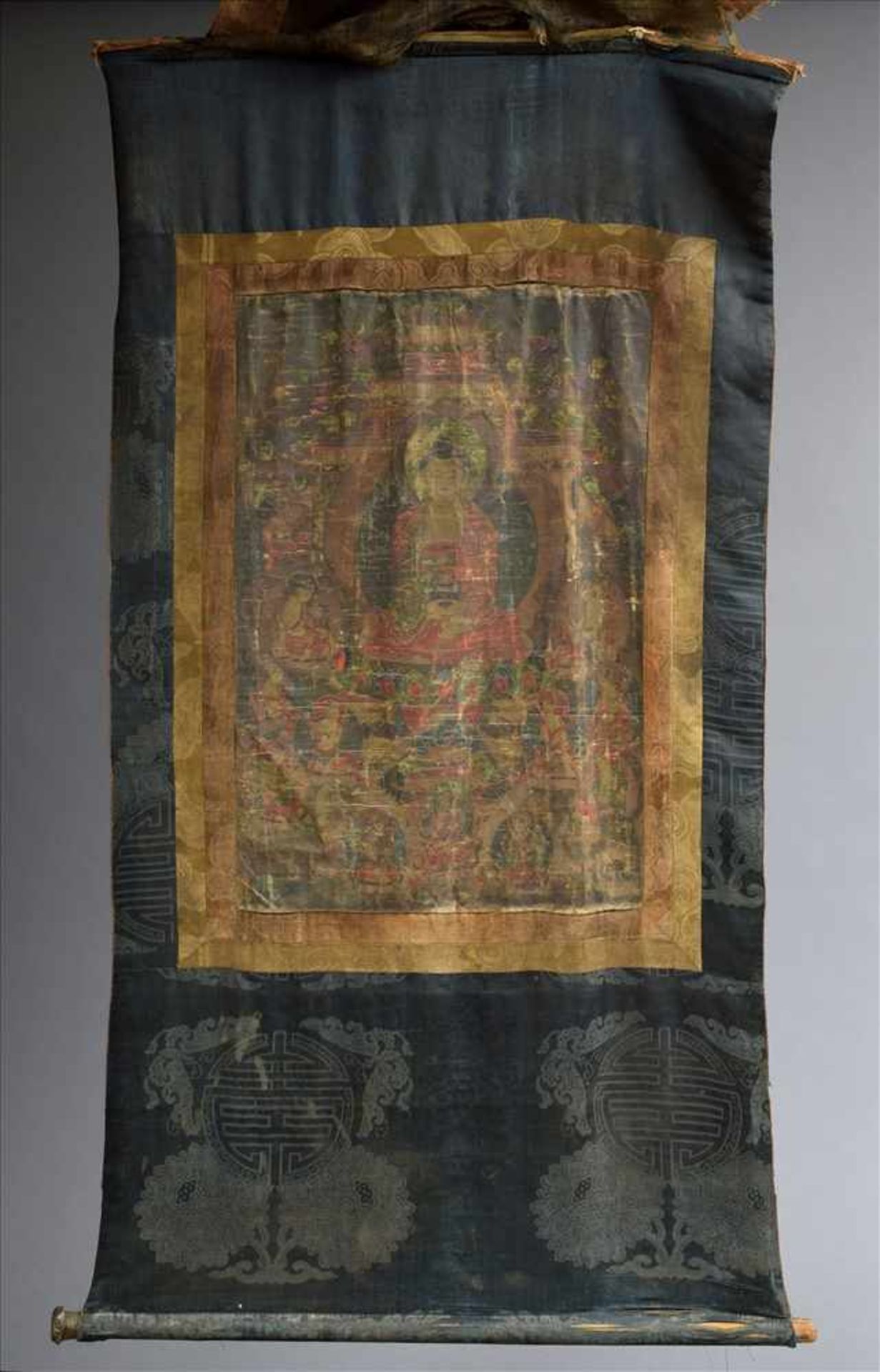 Thangka "Amitaba/Bodhi Sattwa", Tibet Ende 18.Jh., 60x40cm (125x63cm), diverse DefekteTangka "