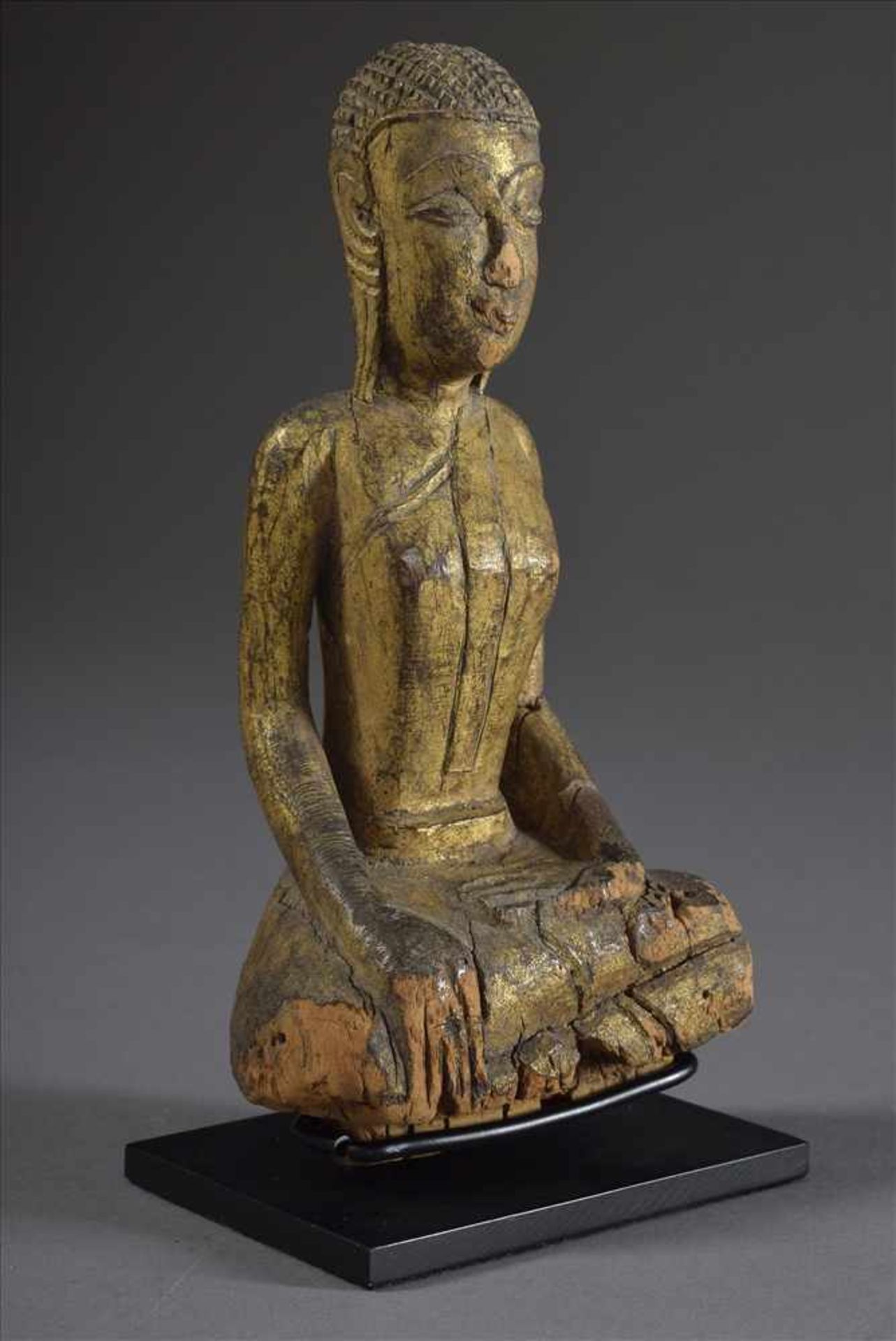 Sitzender Buddha in Virasana Sitz, beide Hände in Bhumisparshamudra Geste, Holz, Ayutthaya Stil, - Bild 6 aus 6
