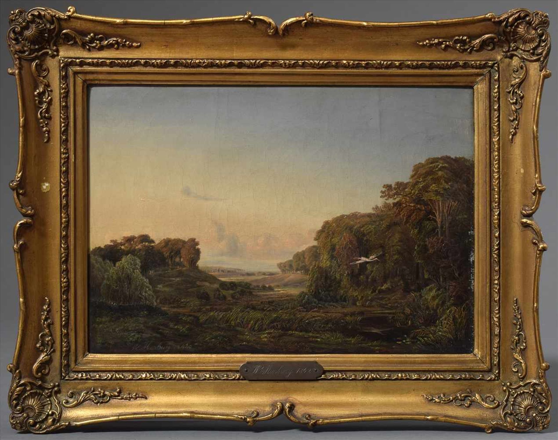 Marburg, W. (?) "Wiesenlandschaft mit einfliegendem Storch" 1842, Öl/Leinwand, u.l. sign./dat., - Image 2 of 7