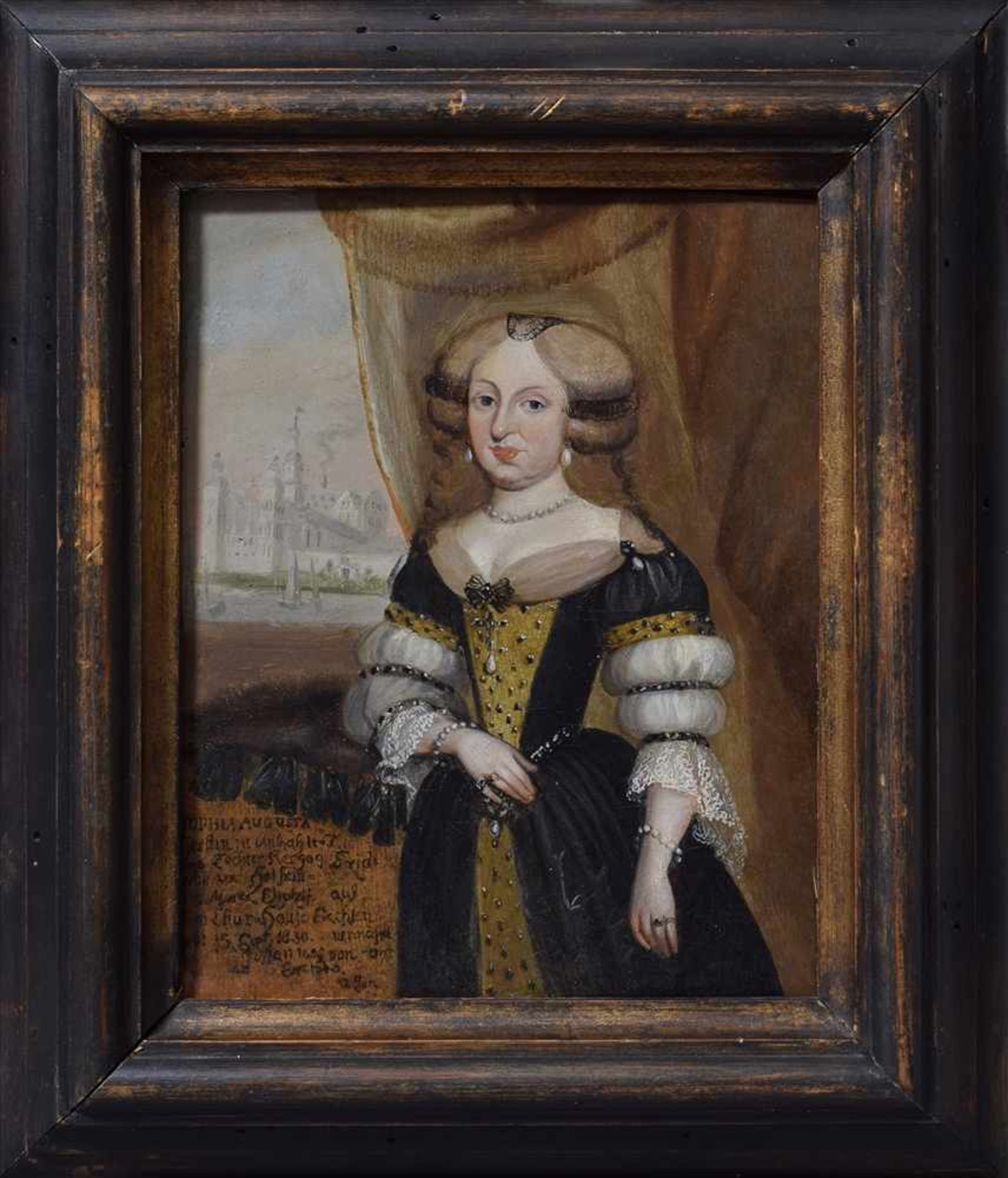 Portrait "Sophie Auguste von Anhalt-Zerbst (1630-1680) vor Ausblick auf Schloss Gottorf (?)", r.u. - Image 3 of 4