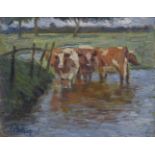 Schaper, Friedrich (1869-1956) "Drei Kühe in der Furt", Öl/Malpappe, u.l. sign., 23x30cm (m.R. 30,