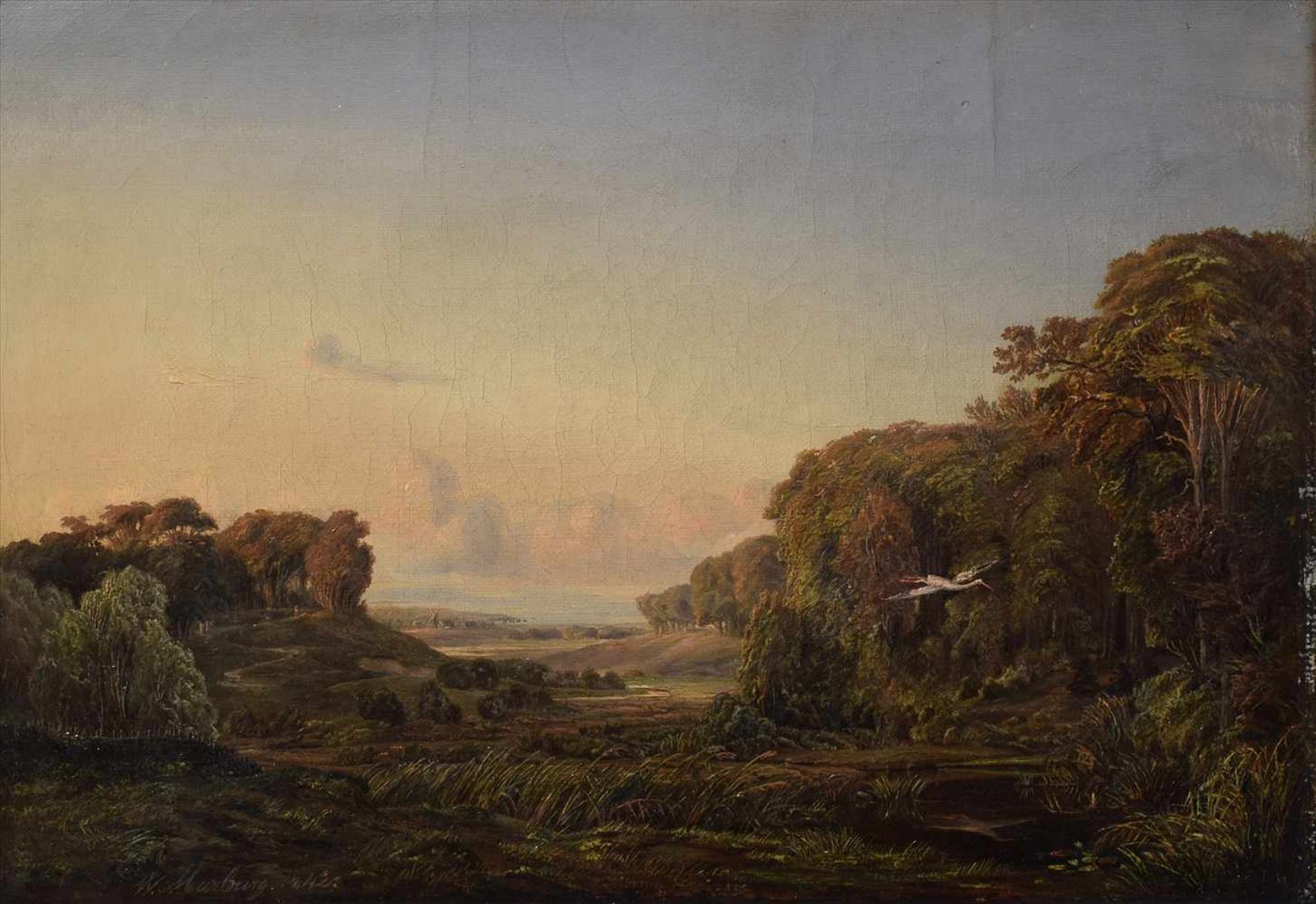 Marburg, W. (?) "Wiesenlandschaft mit einfliegendem Storch" 1842, Öl/Leinwand, u.l. sign./dat.,