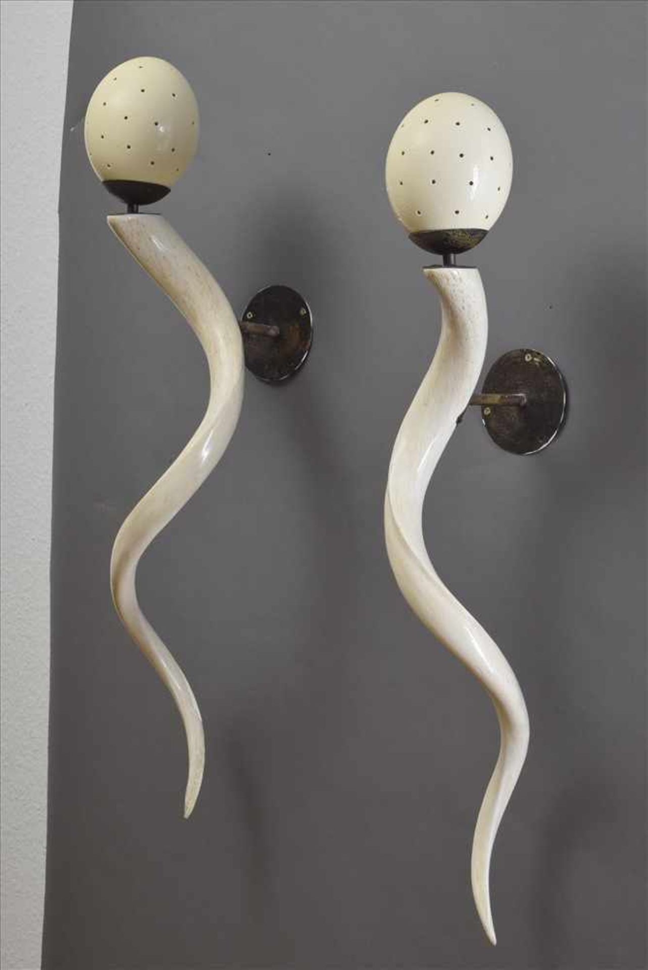 Paar moderne Wandlampen aus geschälten weißen Kuduhörnern und Straußeneiern, H. ca. 88cmPair of - Bild 3 aus 3