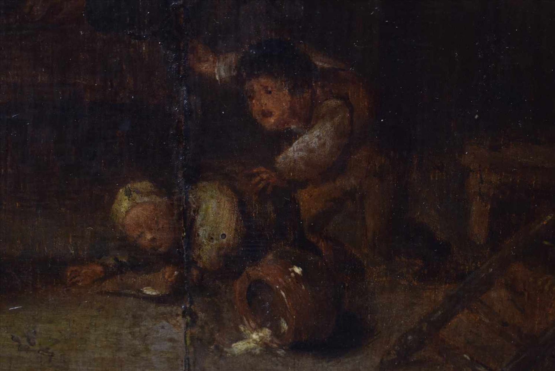 Holländischer Meister des 17. Jh., "Interieur mit bäuerlicher Familie", Öl/Holz, verso Isaac van - Image 5 of 5