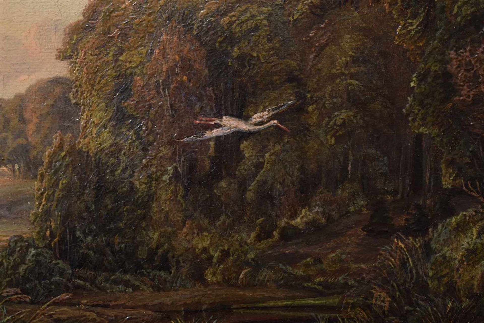 Marburg, W. (?) "Wiesenlandschaft mit einfliegendem Storch" 1842, Öl/Leinwand, u.l. sign./dat., - Image 6 of 7