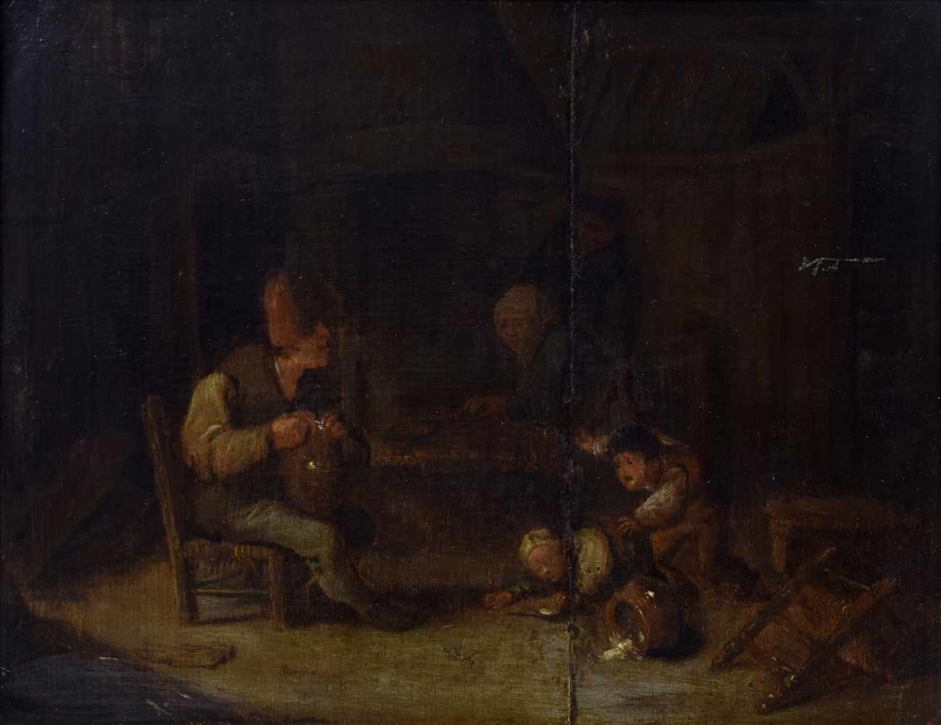 Holländischer Meister des 17. Jh., "Interieur mit bäuerlicher Familie", Öl/Holz, verso Isaac van