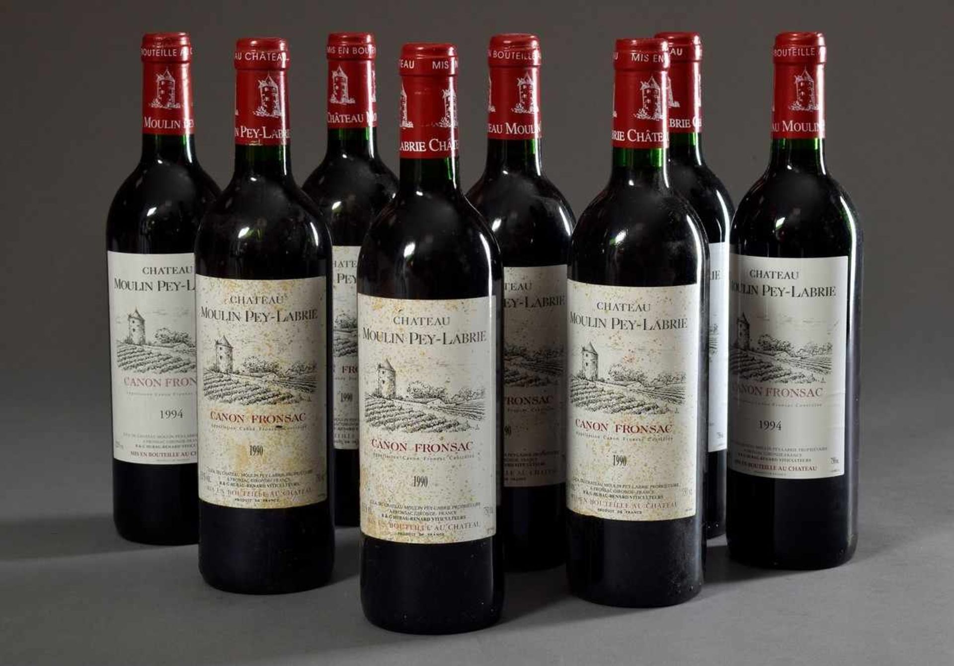 8 Flaschen Rotwein "Chateau Moulin Pey-Labrie Canon Fronsac", 1990, Schlossabfüllung, guter