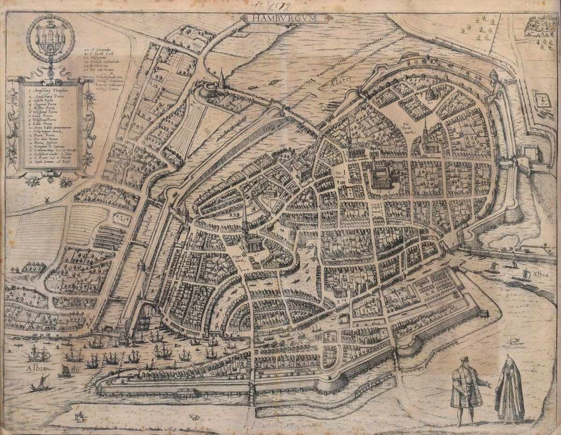 „Prospekt von Hamburg (Hamburgum)“, Kupferstich aus Braun & Hogenberg (Köln 1588), 17.Jh.,