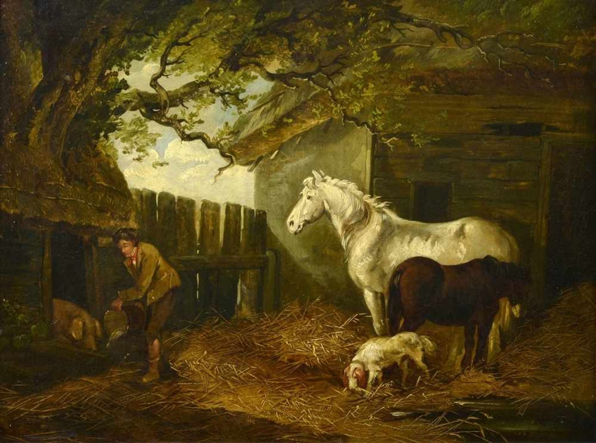 Morland, George (1763-1804) "Ländliches Idyll mit Pferden, Hund und Junge" 1789, Öl/Leinwand, u.l.