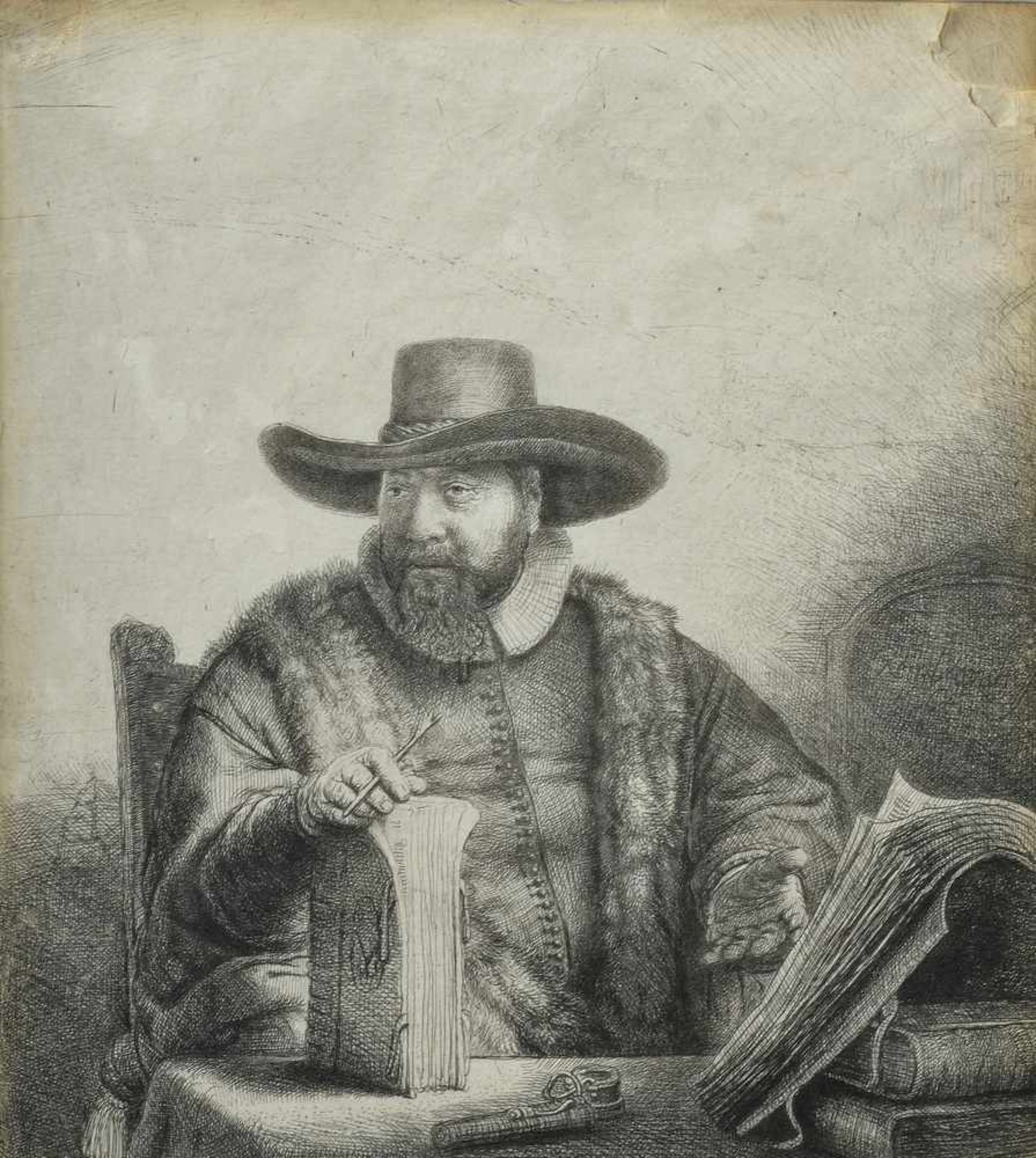 Rembrandt Harmenszoon van Rijn (1606-1669) "Portrait eines Mannes mit Büchern" 1645, Kupferstich,