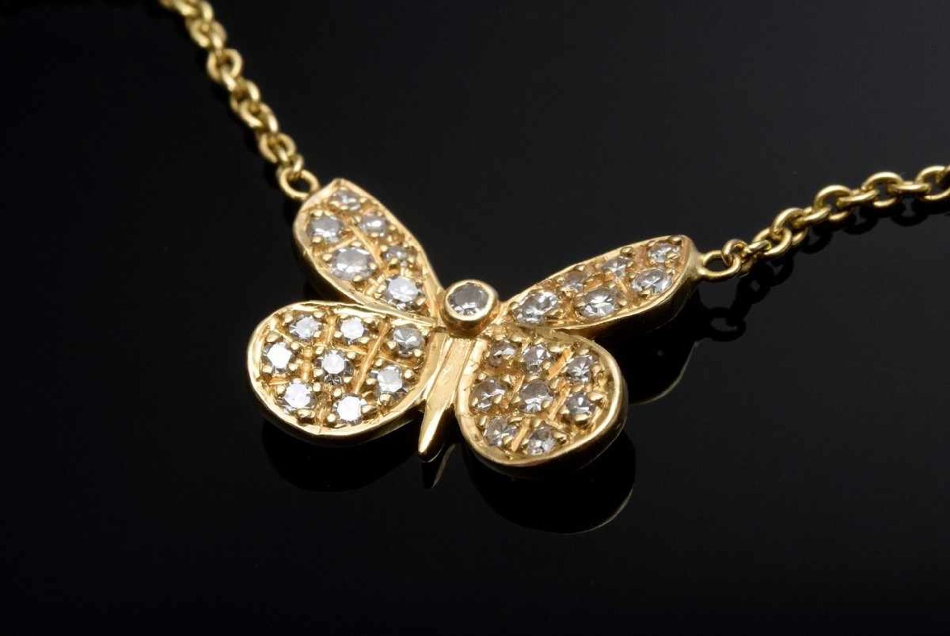 GG 585 "Schmetterlings" Collier in GG 585 mit Achtkantdiamanten (zus. ca. 0.30ct/SI/W), 4,31g, L. - Bild 2 aus 2