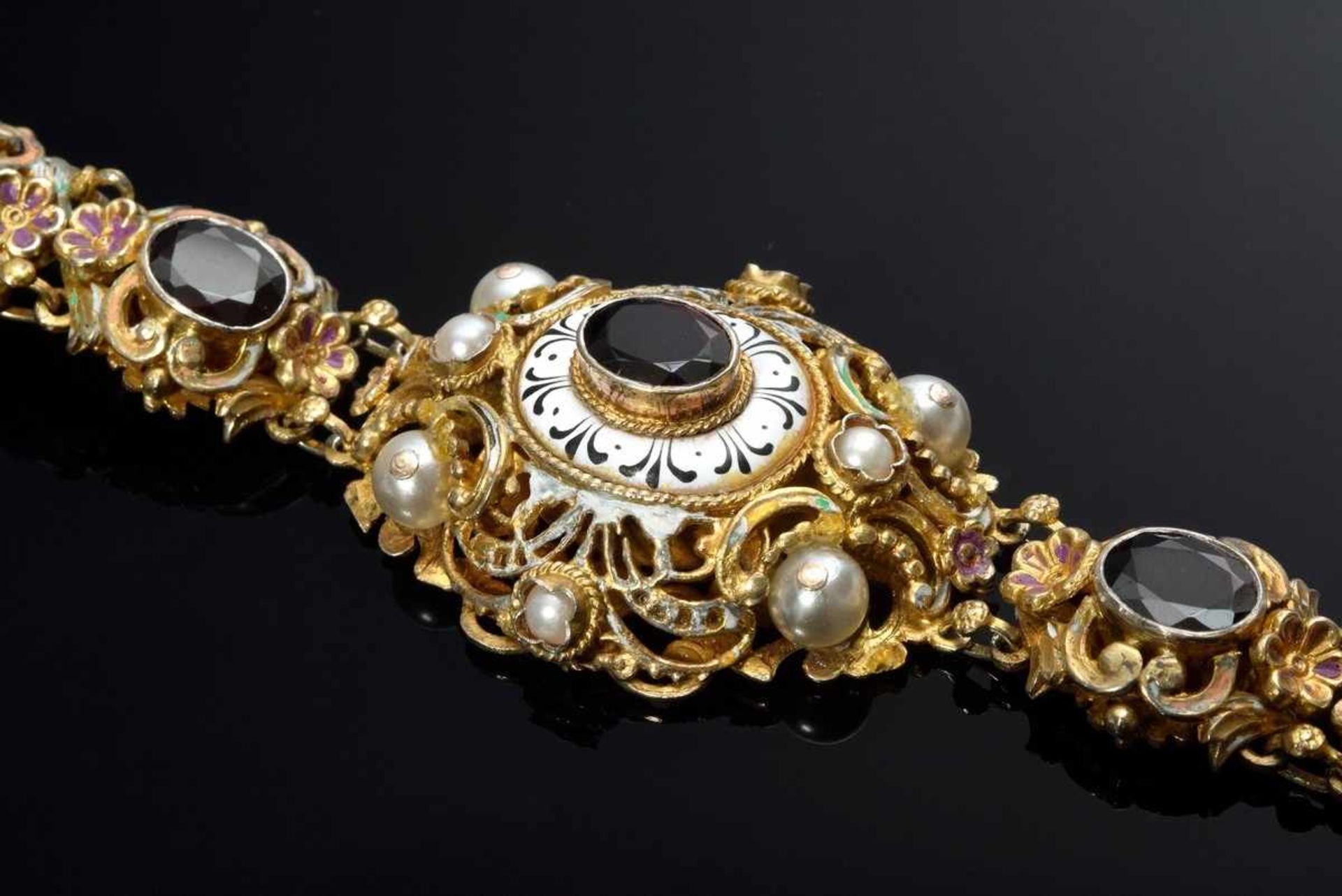 Silber 925 vergoldetes Trachtenarmband in Renaissance Façon mit Granat, Kunstperlen und Emaille, - Bild 3 aus 5