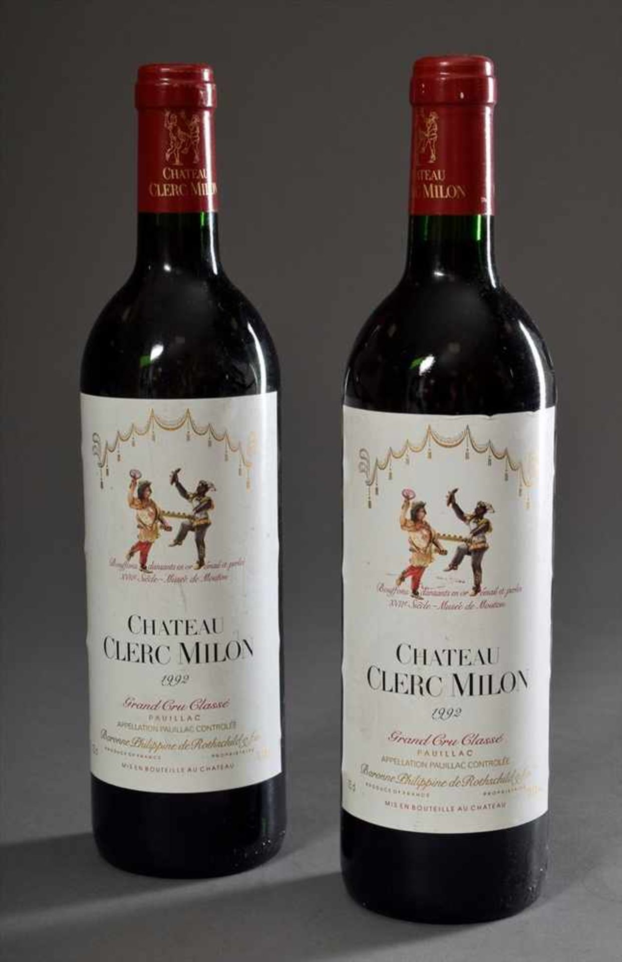 2 Flaschen Rotwein "Chateau Clerc Milon Rothschild", 1992, Schlossabfüllung, guter Füllstand,