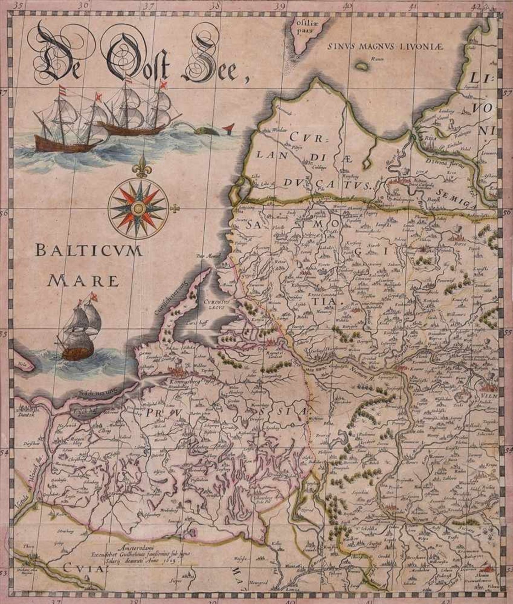Janszoon, Willem (1571-1638) „De Oost Zee“ 1613, colorierter Kupferstich, 43,5x37cm (m.R.