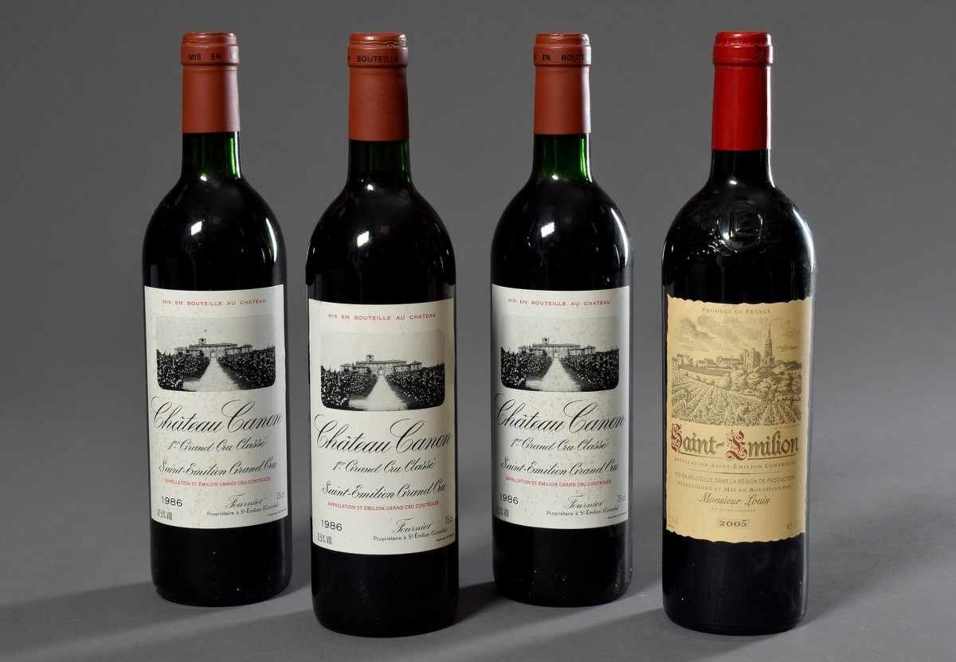 4 Diverse Rotweine: 3 Flaschen "Chateau Canon, Grand Cru Classé, Saint-Emilion Grand Cru", 1986,