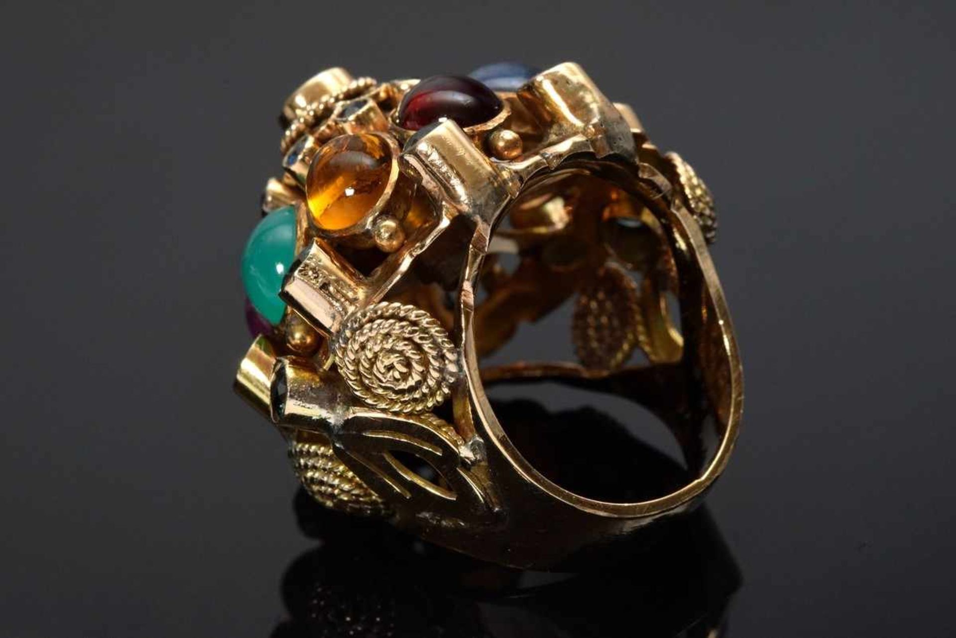 Orientalischer GG 585 Ring mit Cabochons und facettierten Edelsteinen: Rubin, Saphir, Granat, - Bild 3 aus 3