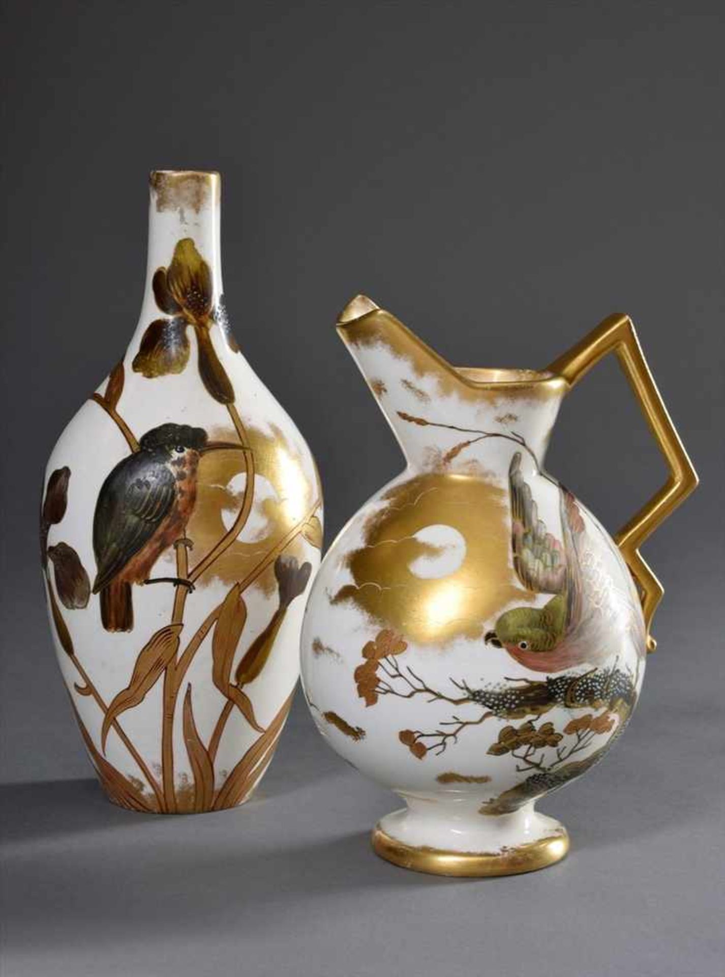 2 Diverse Teile Weichporzellan Kännchen und Vase mit asiatischer Malerei "Vogel auf Ast", Franz