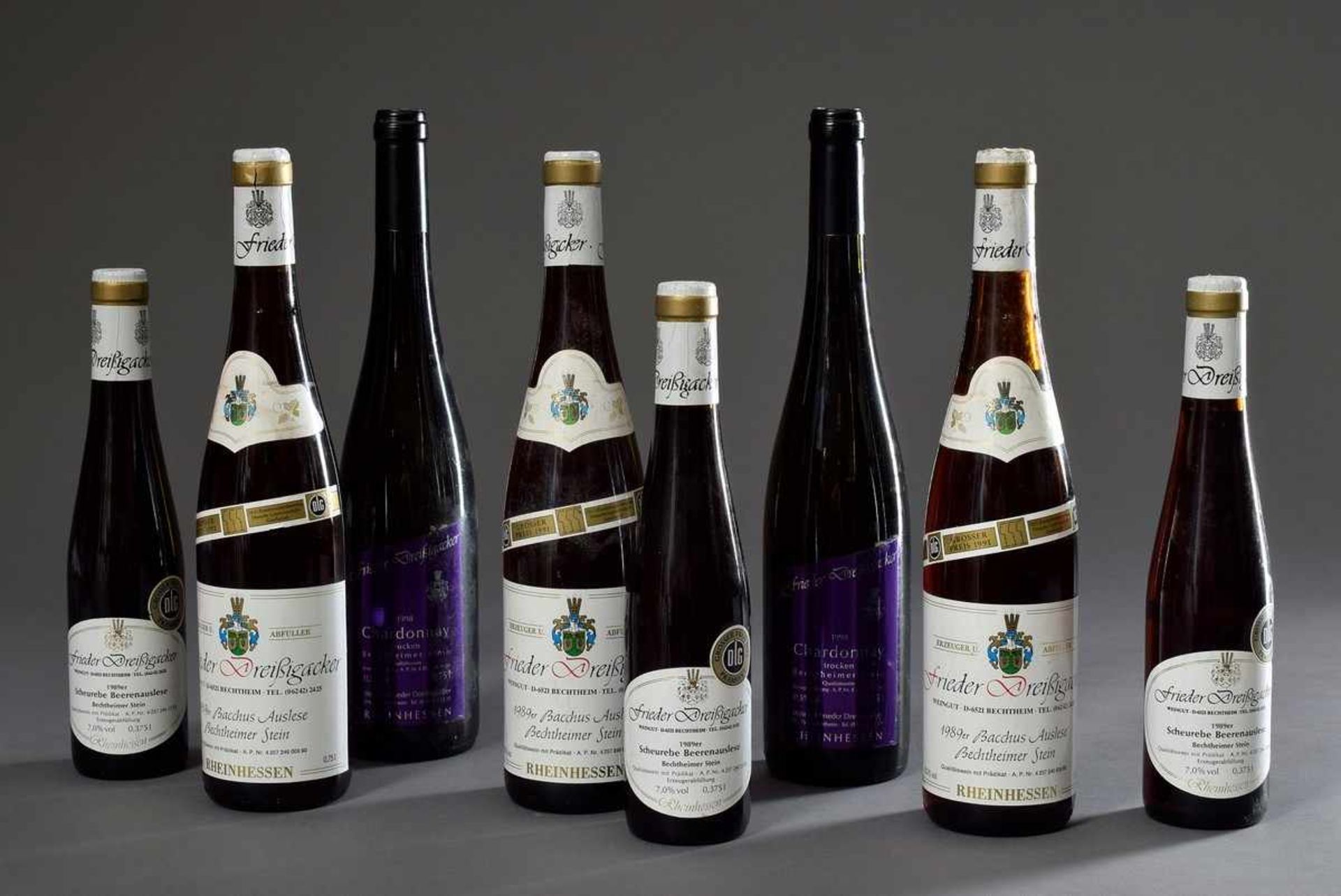8 Diverse Flaschen: 3 Flaschen "Frieder Dreißigacker Bechtheim", Scheurebe Beerenauslese, 1989, 2