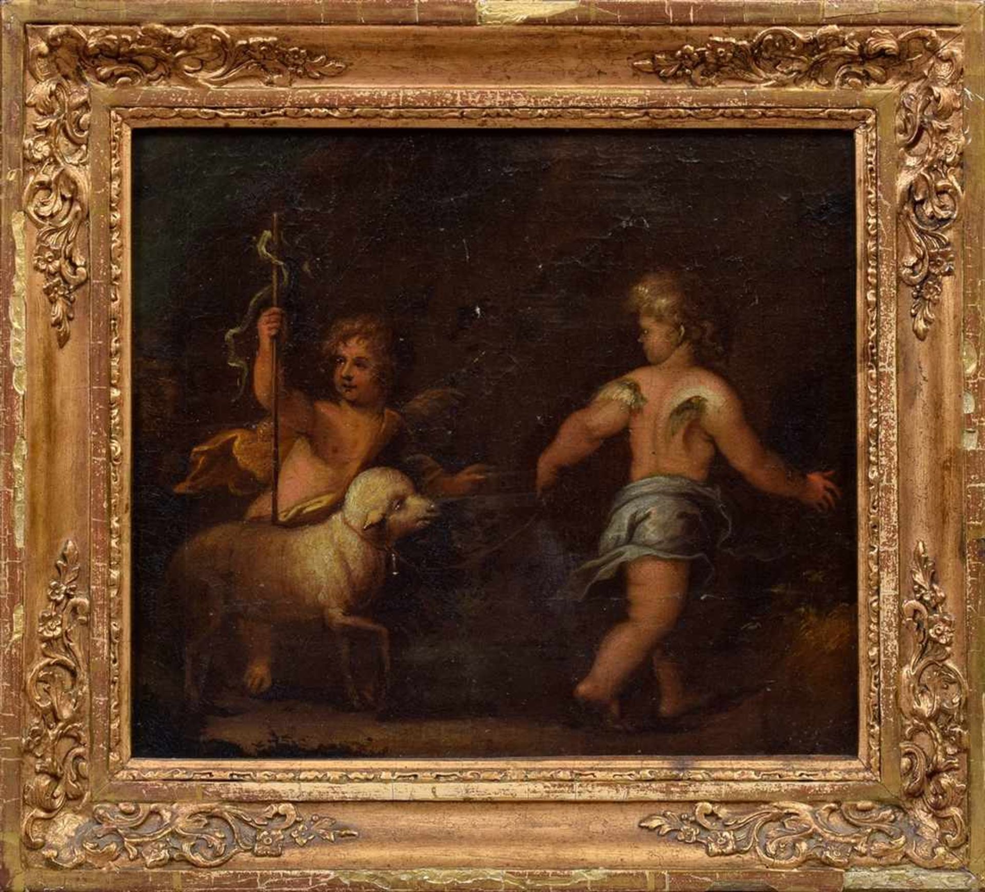 Unsigniert "Johannesknabe, Lamm Gottes und Engel" um 1800, Öl/Leinwand doubliert, 24x27cm (m.R. - Image 2 of 4