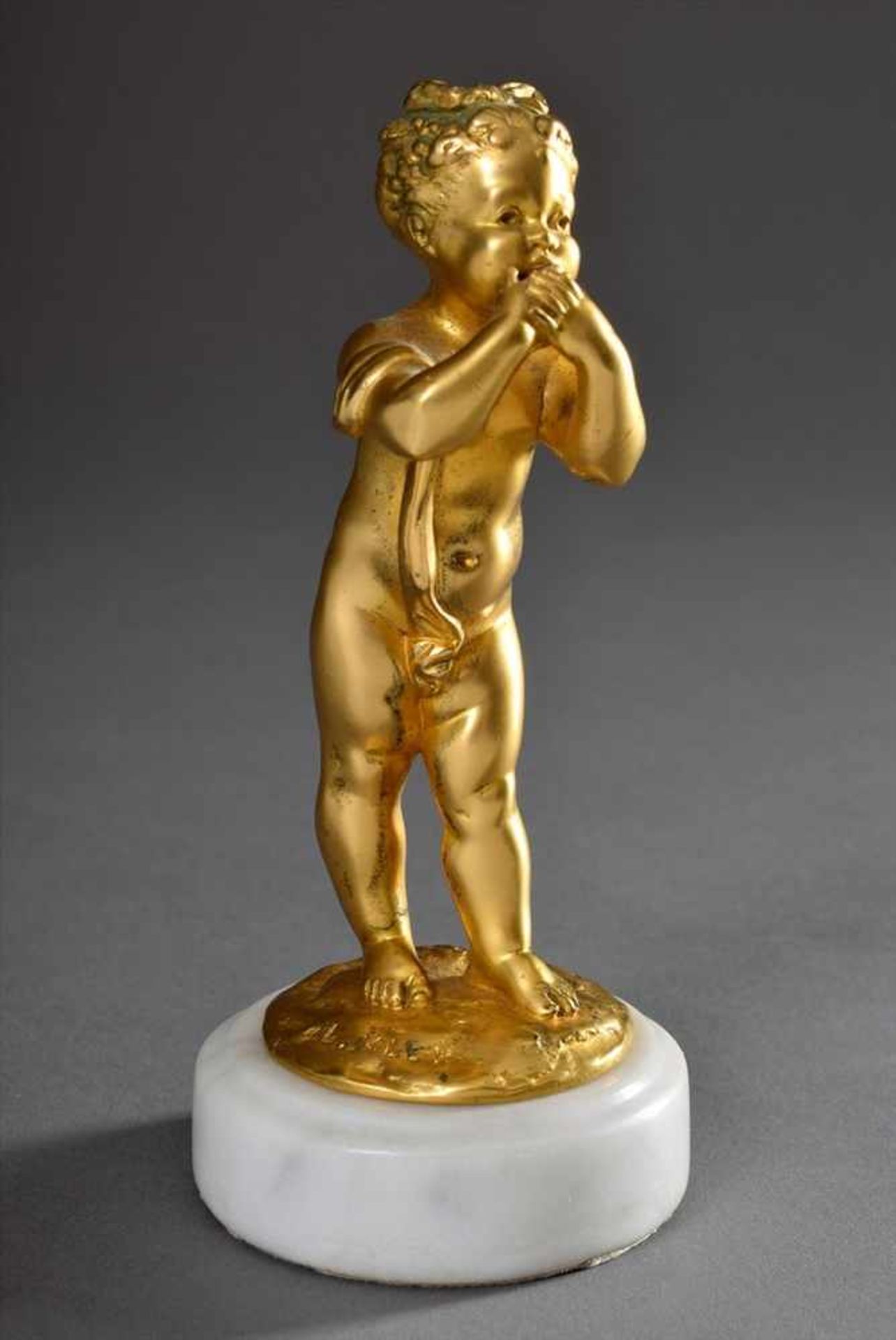 Kley, Louis (1833-1911) "Amorette", feuervergoldete Bronze auf weißem Marmorsockel, H. 14,5cmKley,