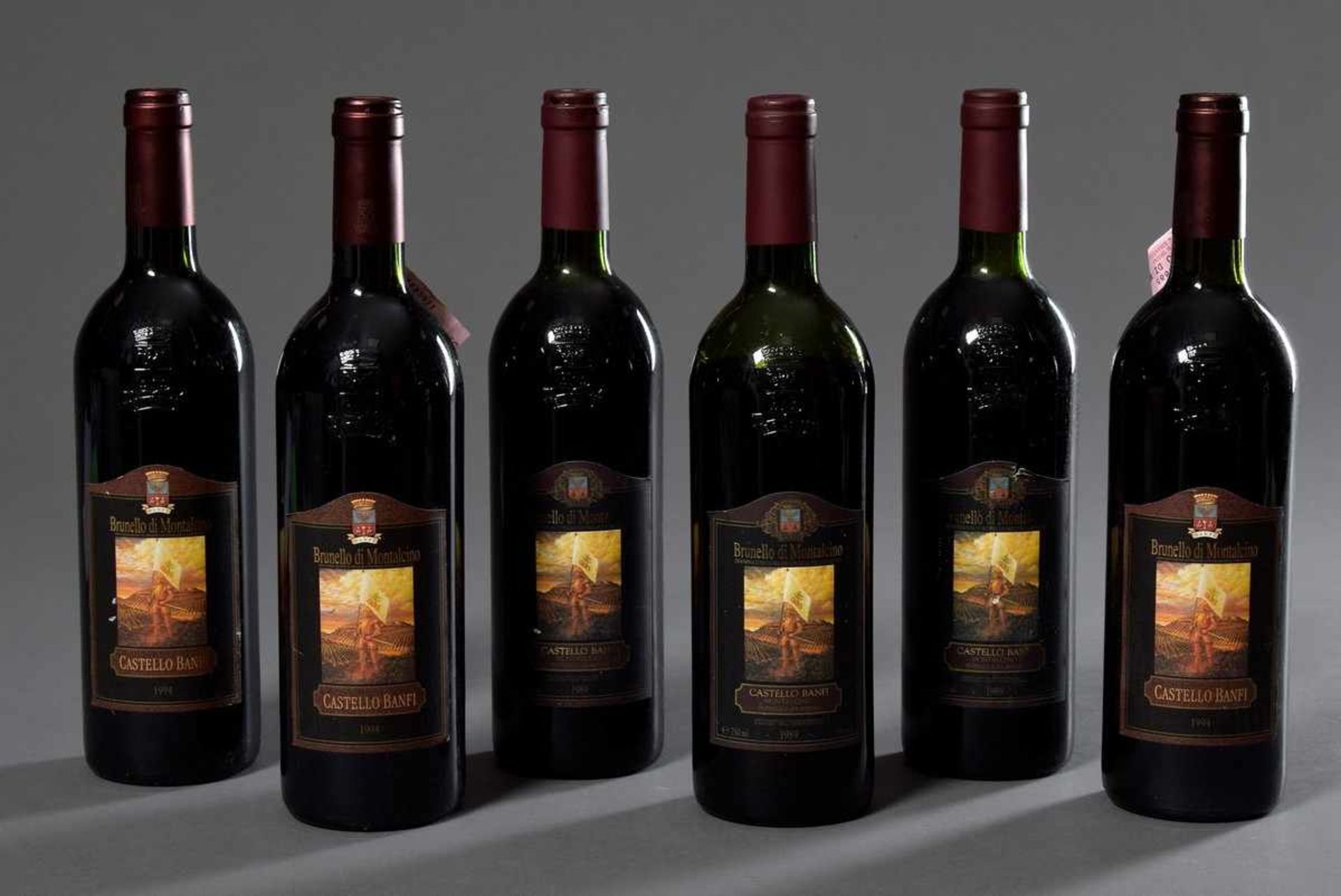 6 Diverse Rotweine: 3 Flaschen "Brunello die Montalcino, Castello Banfi", 1989, 3 Flaschen "Brunello