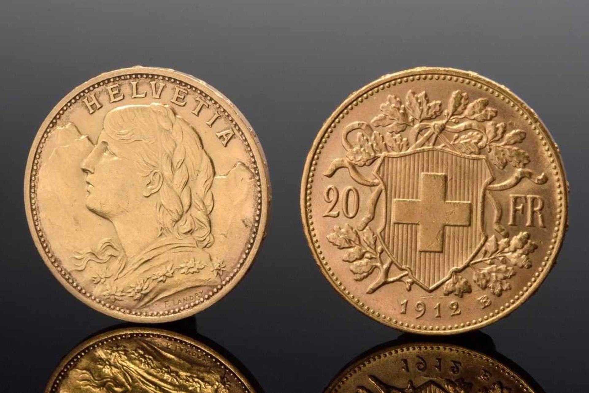 2 GG 900 Münzen: "Vreneli" 20 Franken, Schweiz, 1912/1930, 12,9g2 YG 900 coins: "Vreneli" 20 Francs,