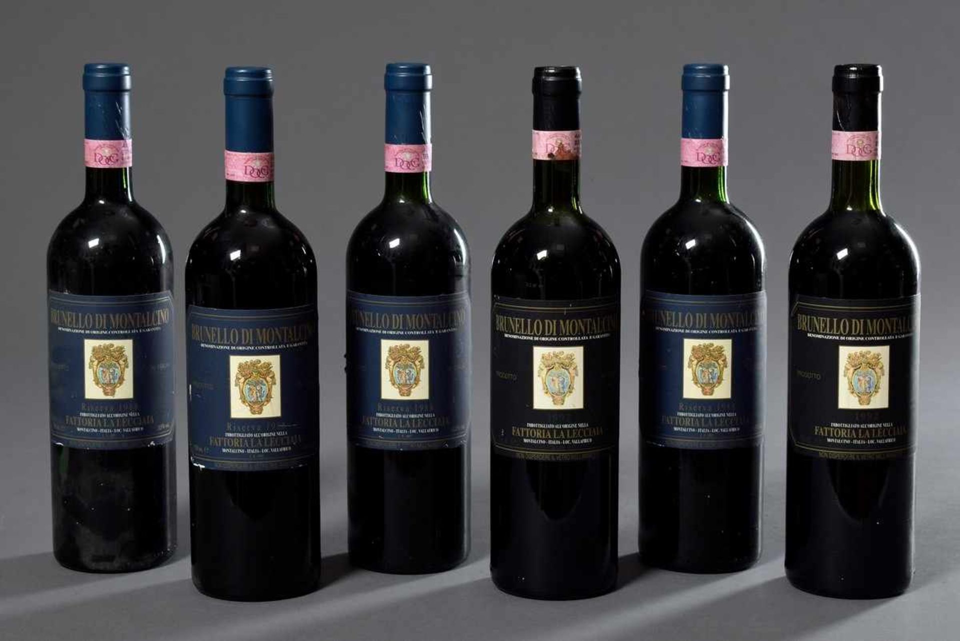 6 Diverse Rotweine: 4 Flaschen Rotwein "Brunello di Montalcino, Fattoria La Lecciaia", 1988,