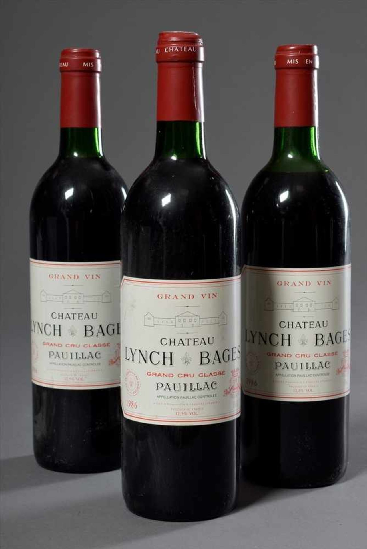 3 Flaschen Rotwein "Chateau Lynch Bages, Pauilac, Grand Cru Classè", 1986, Schlossabfüllung, enthält
