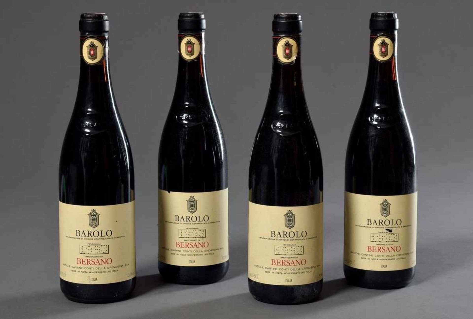 4 Flaschen Rotwein "Barolo, Bersano", 1993, enthält Sulfite4 Flaschen Rotwein "Barolo, Bersano",