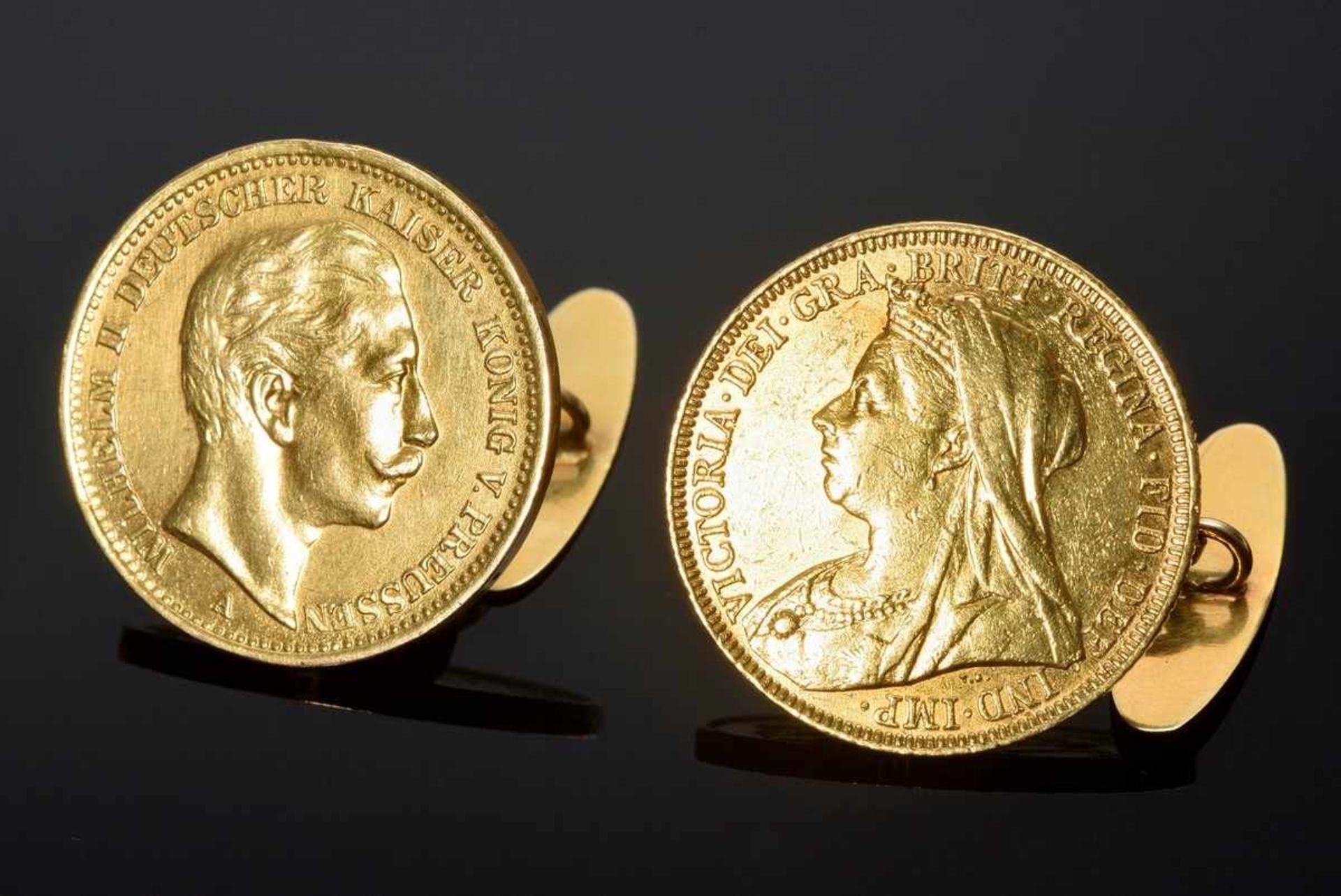 Paar elegante GG 585 Manschettenknöpfe mit Münzen: 1 x GG 916-Sovereign Victoria 1895 und 1 x GG
