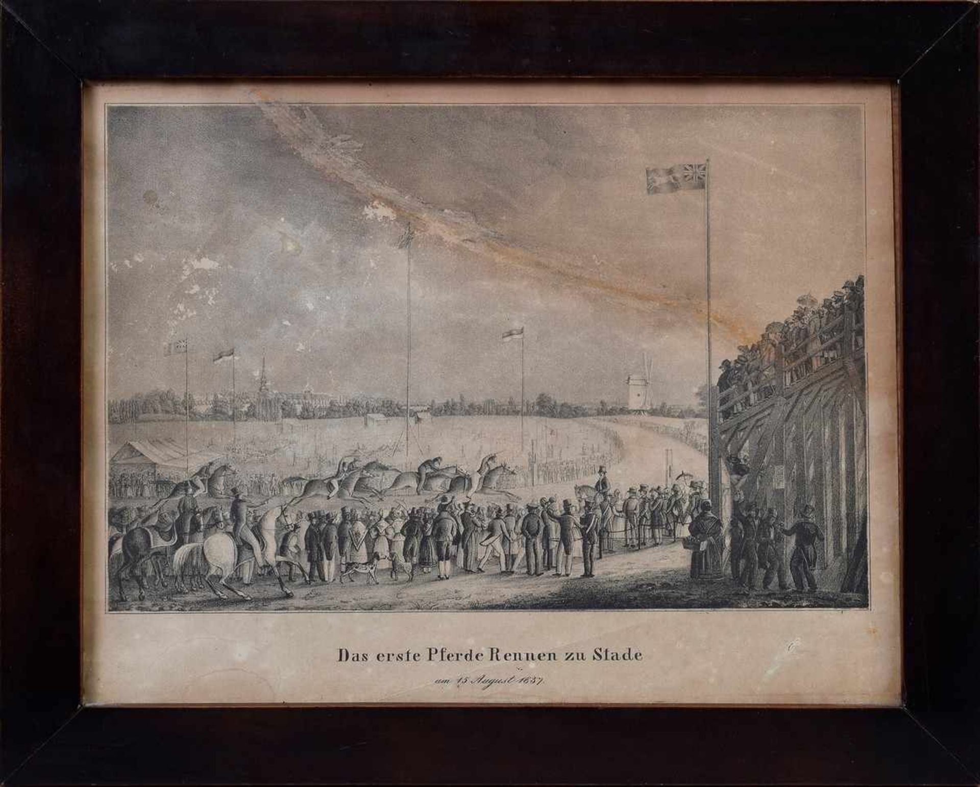Lithographie "Das erste Pferde rennen zu Stade am 15. August 1837", verso mit Besitzvermerk, 22, - Image 2 of 3