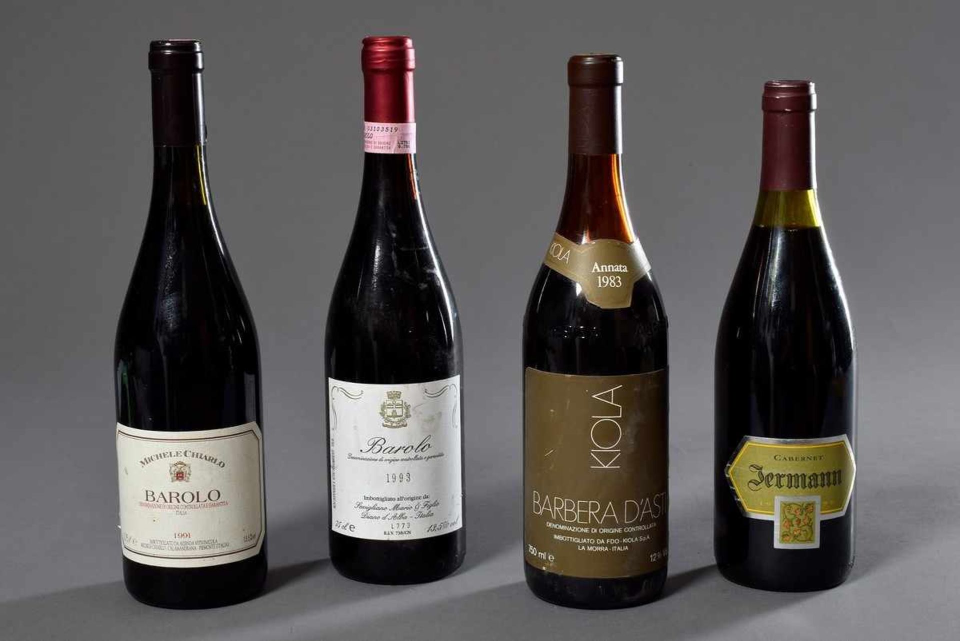 4 Diverse Rotweine: Flasche "Barolo, Michele Chiarlo", 1991, Flasche "Barolo, Savigliano Mario &