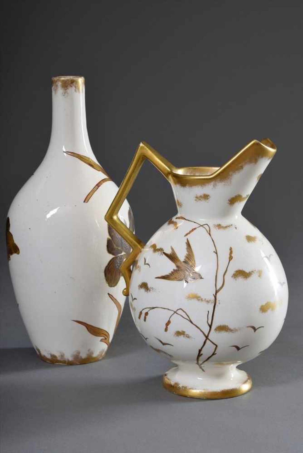 2 Diverse Teile Weichporzellan Kännchen und Vase mit asiatischer Malerei "Vogel auf Ast", Franz - Bild 2 aus 5
