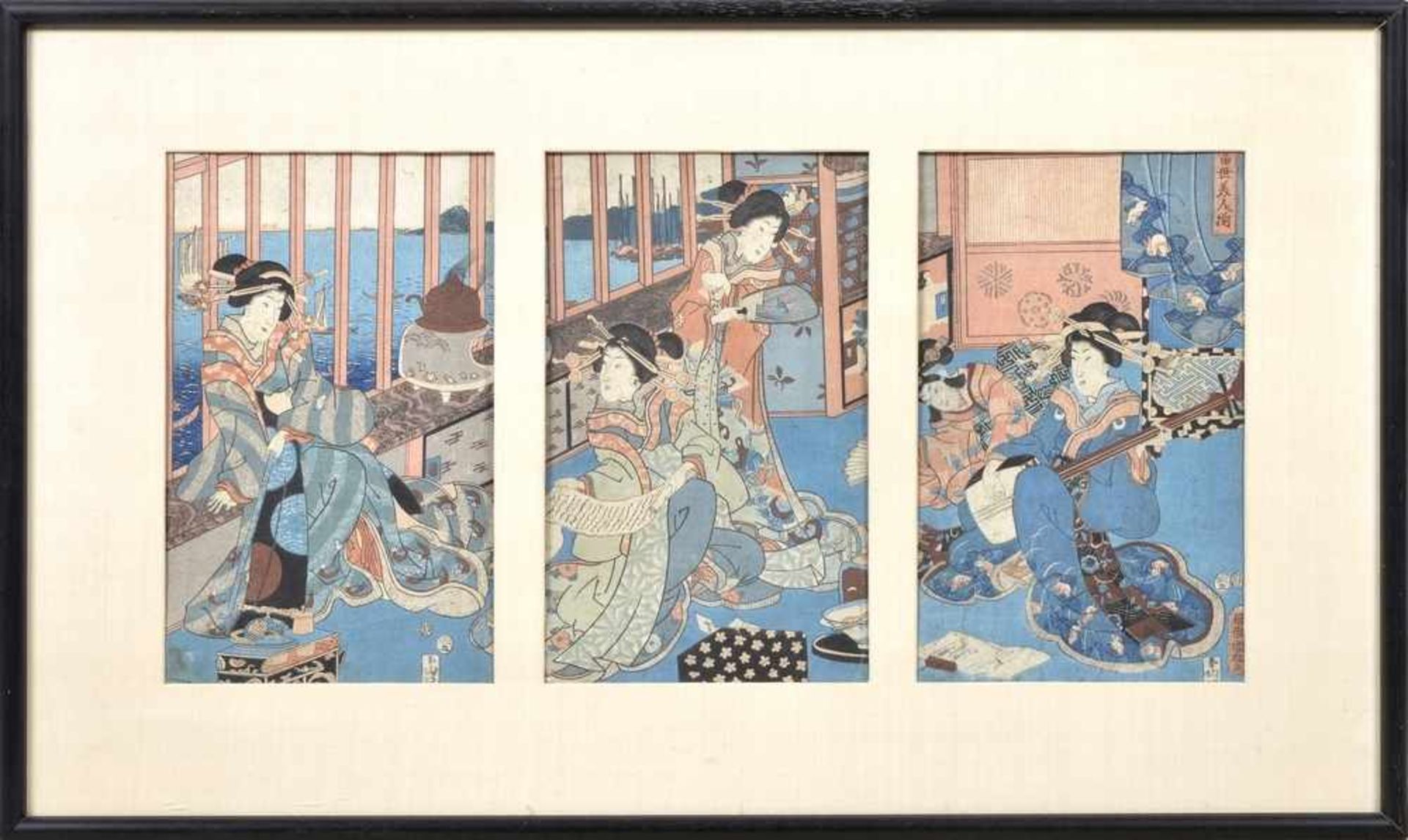 Ichi Yusai Kuniteru (1840-60) Triptychon "Musizierende Damen", um 1853-57, Farbholzschnitt, 33x20, - Bild 2 aus 5