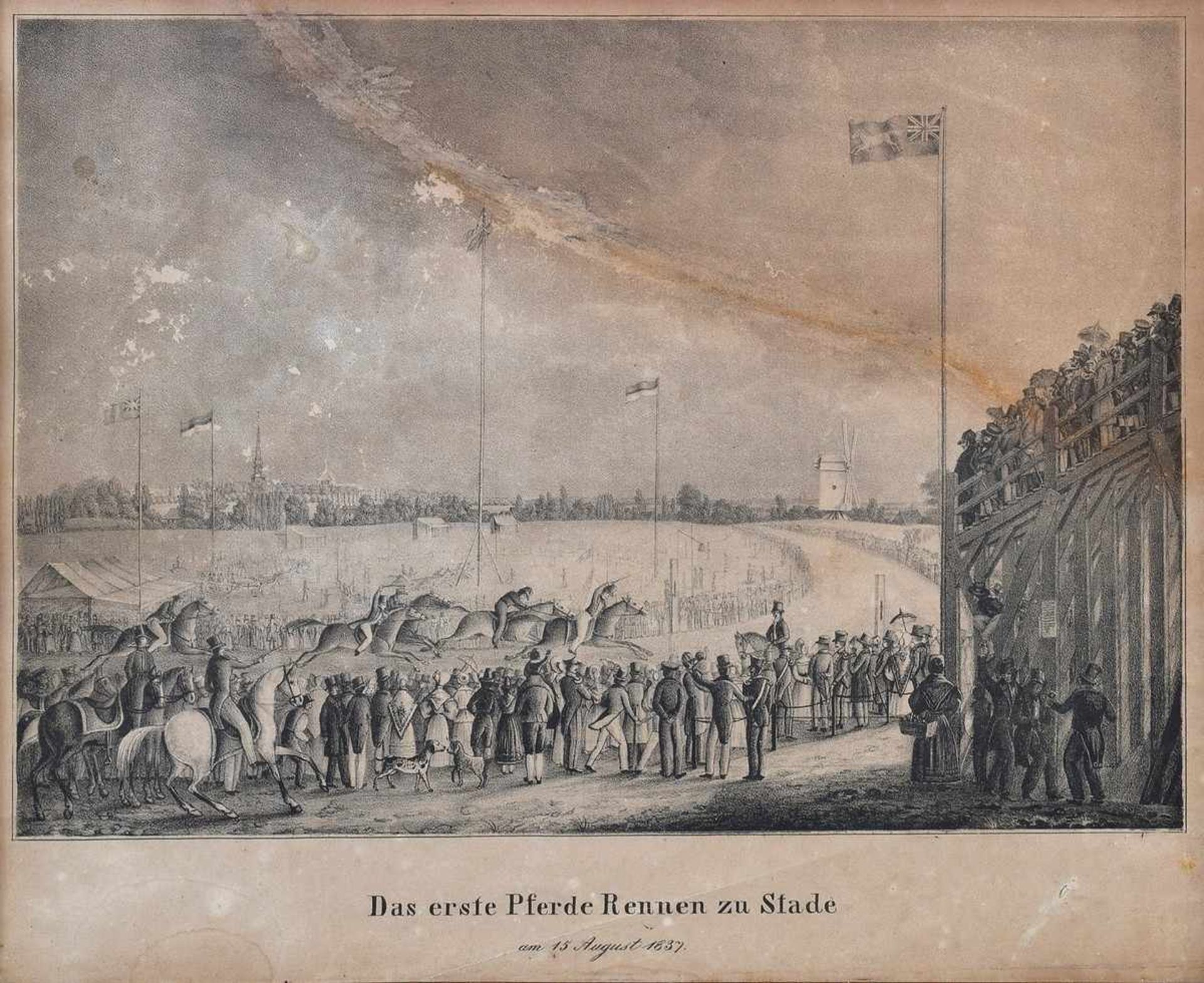 Lithographie "Das erste Pferde rennen zu Stade am 15. August 1837", verso mit Besitzvermerk, 22,
