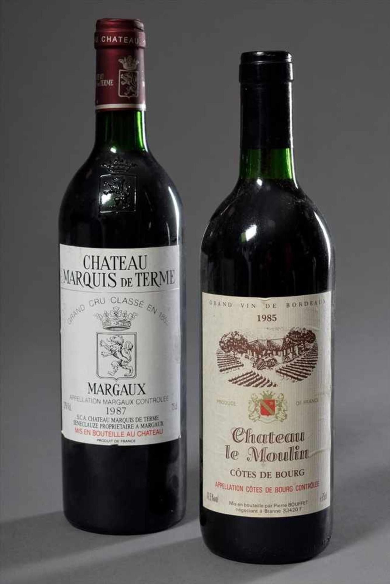 2 Diverse Flaschen Rotwein: Flasche "Cortes le Moulin, Côtes des Bourg", 1985, 1 Flasche "Chateau