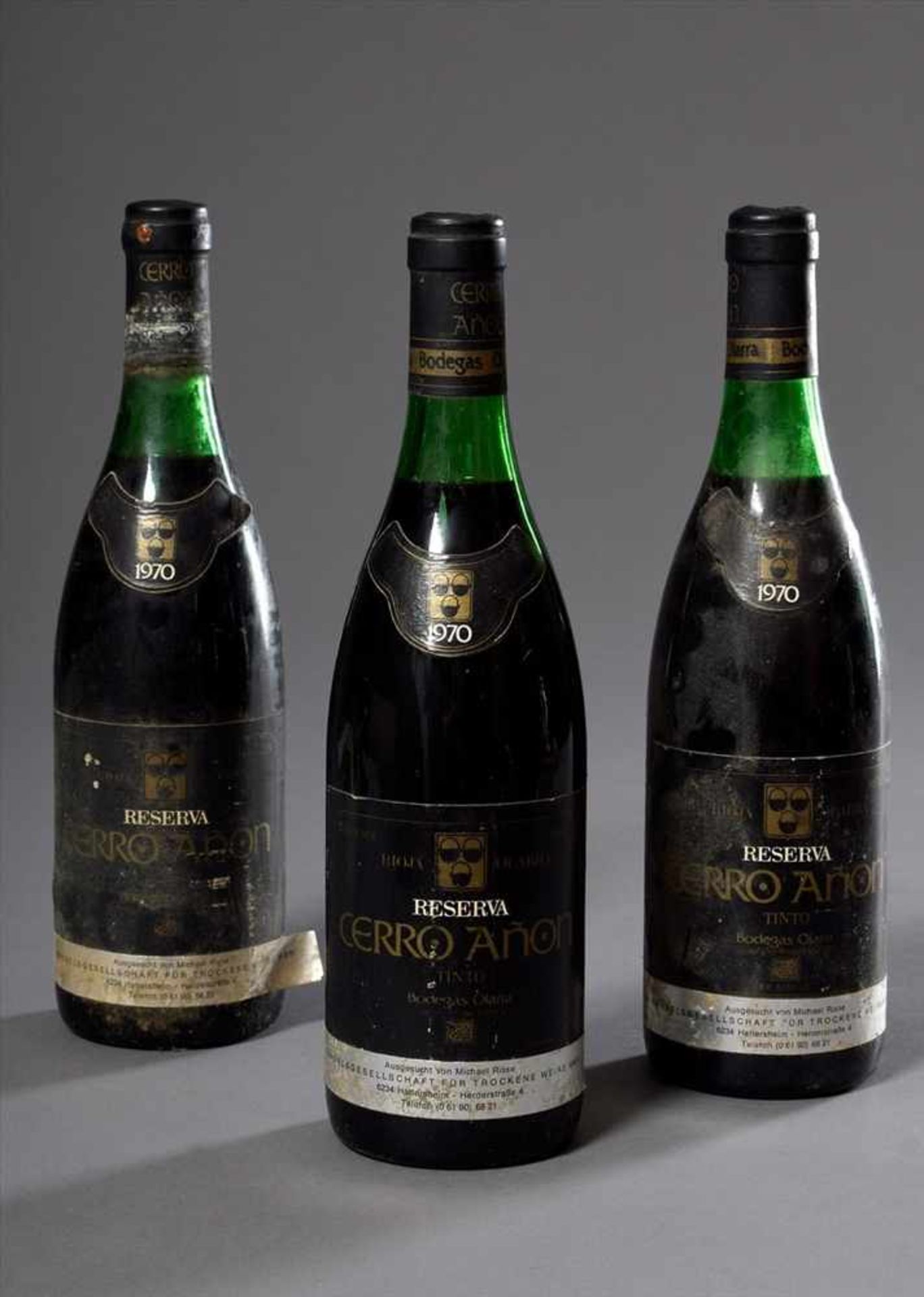 3 Flaschen Rotwein "Rioja Olarra, Reserva, Cerro Anon, Tinto, Bodegas Olarra", 1970, enthält