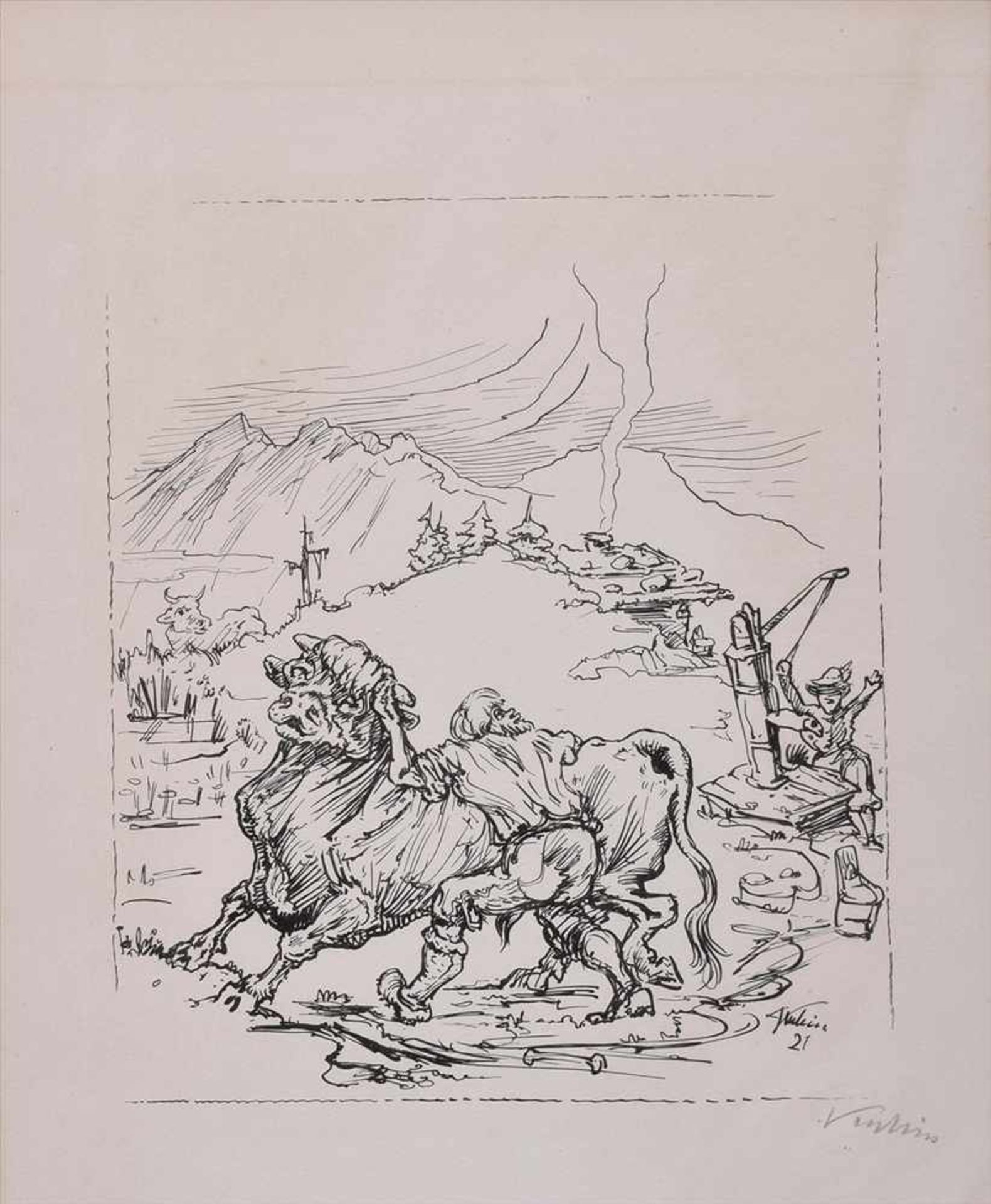 2 Diverse Kubin, Alfred (1877-1959) „Stier auf der Alm“ 1921 und „Entführung (Geier mit Matrosen)“ - Image 4 of 6