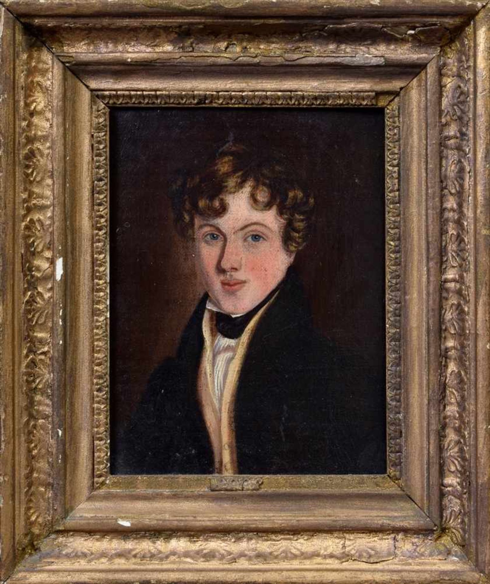 Portraitmaler des 19.Jh., "Junger Mann mit Stehkragen", Öl/Leinwand auf Holz aufgezogen, 17x13cm ( - Image 2 of 3